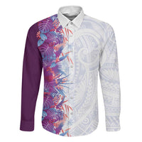 Hawaii Tropical Plant Poni Family Matching Off The Shoulder Long Sleeve Dress and Hawaiian Shirt Vibrant Polynesian Pattern LT01 Dad's Shirt - Long Sleeve Purple - Polynesian Pride