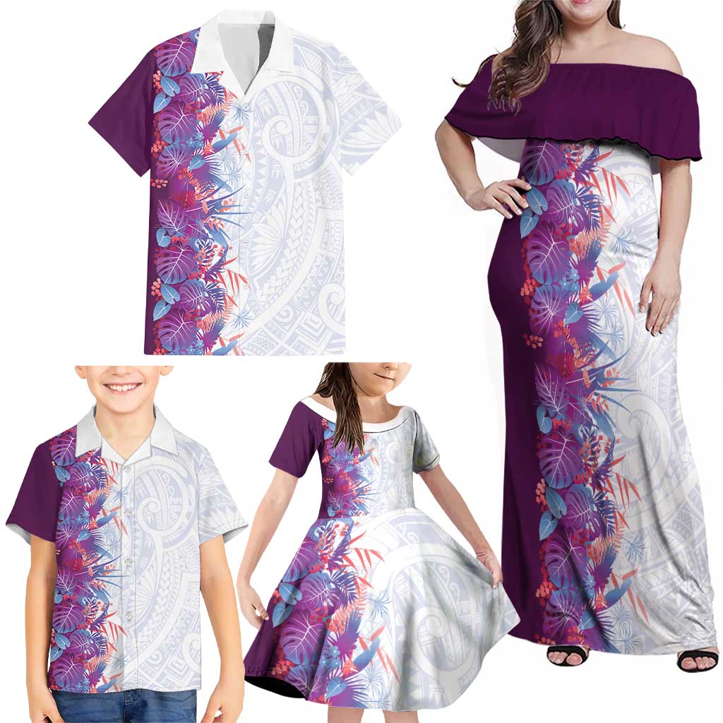 Hawaii Tropical Plant Poni Family Matching Off Shoulder Maxi Dress and Hawaiian Shirt Vibrant Polynesian Pattern