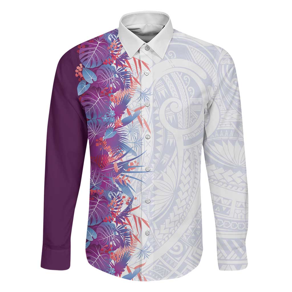Hawaii Tropical Plant Poni Family Matching Off Shoulder Maxi Dress and Hawaiian Shirt Vibrant Polynesian Pattern LT01 Dad's Shirt - Long Sleeve Purple - Polynesian Pride