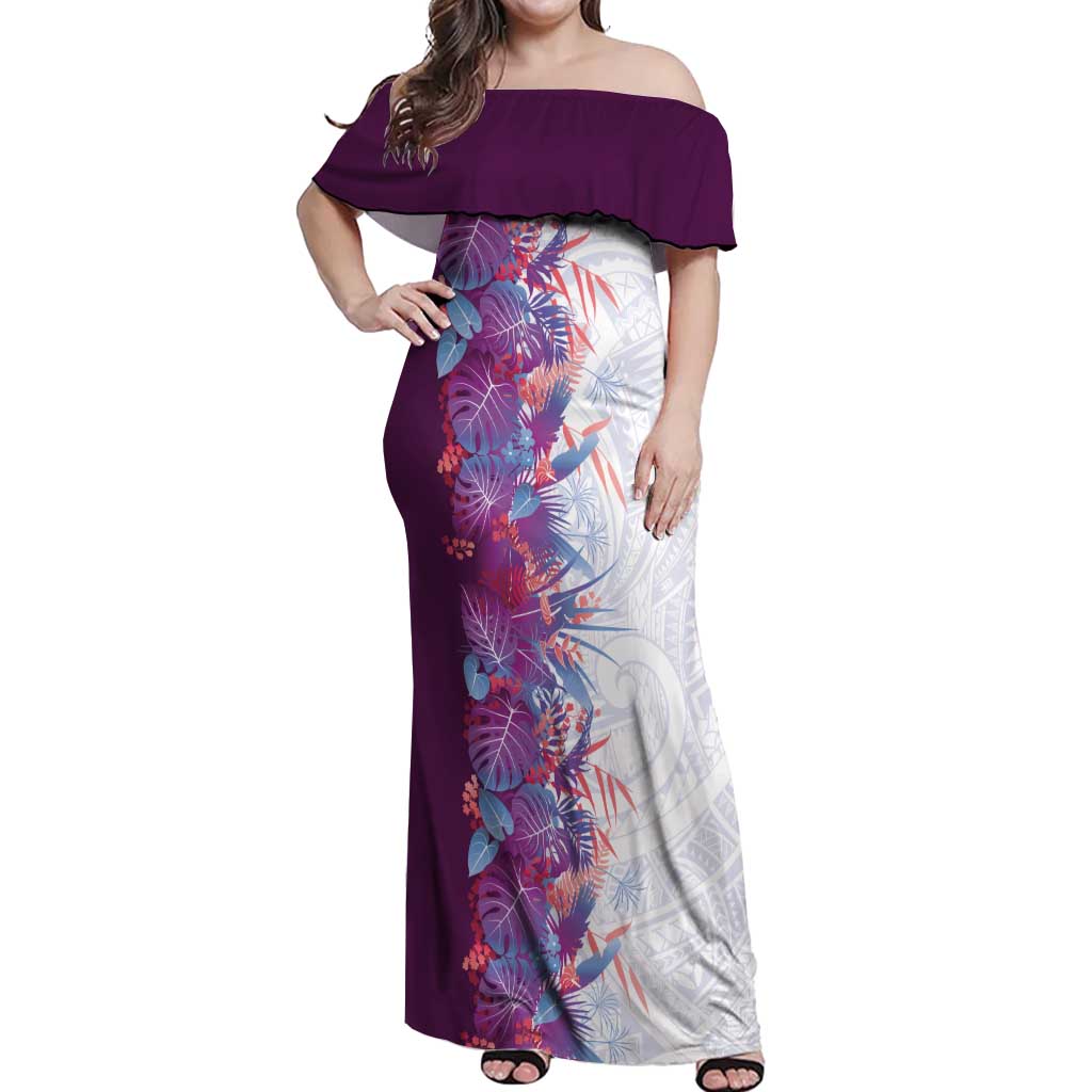 Hawaii Tropical Plant Poni Off Shoulder Maxi Dress Vibrant Polynesian Pattern