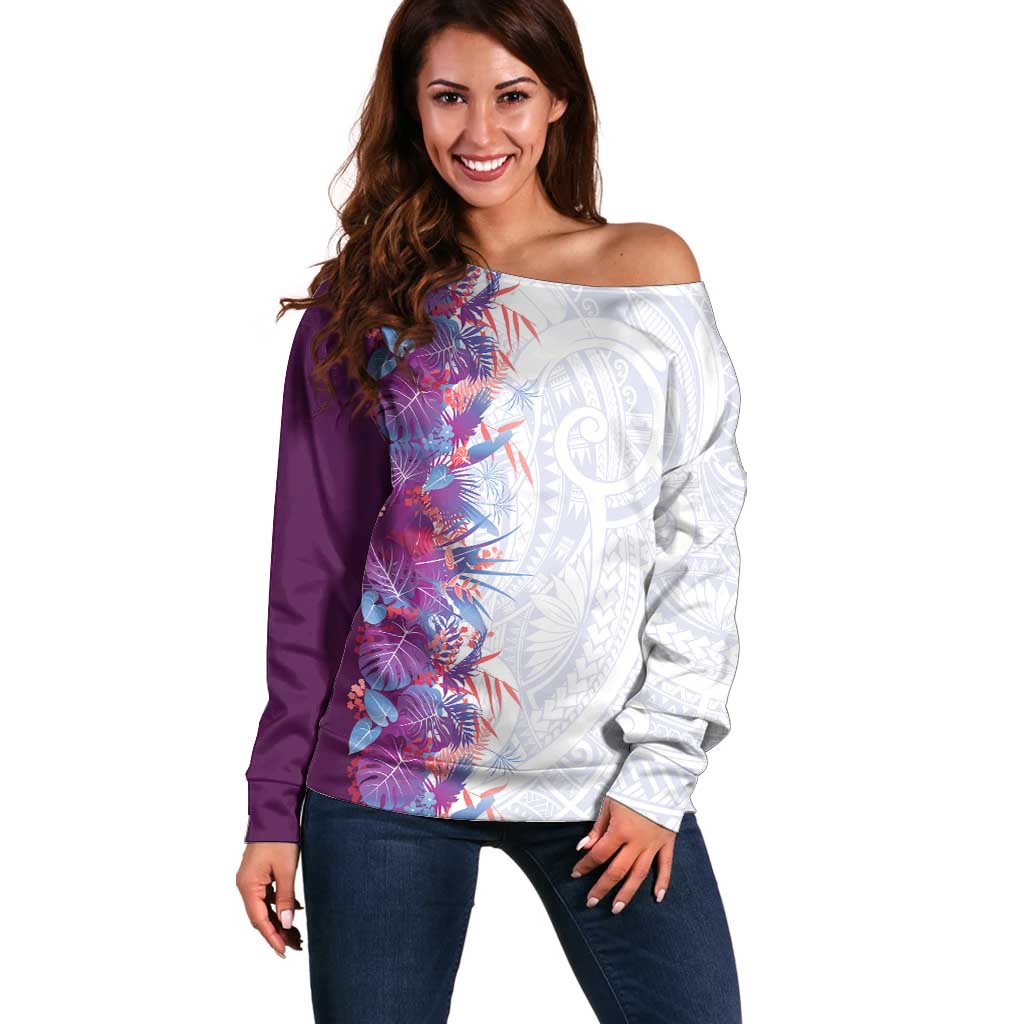 Hawaii Tropical Plant Poni Off Shoulder Sweater Vibrant Polynesian Pattern LT01 Women Purple - Polynesian Pride