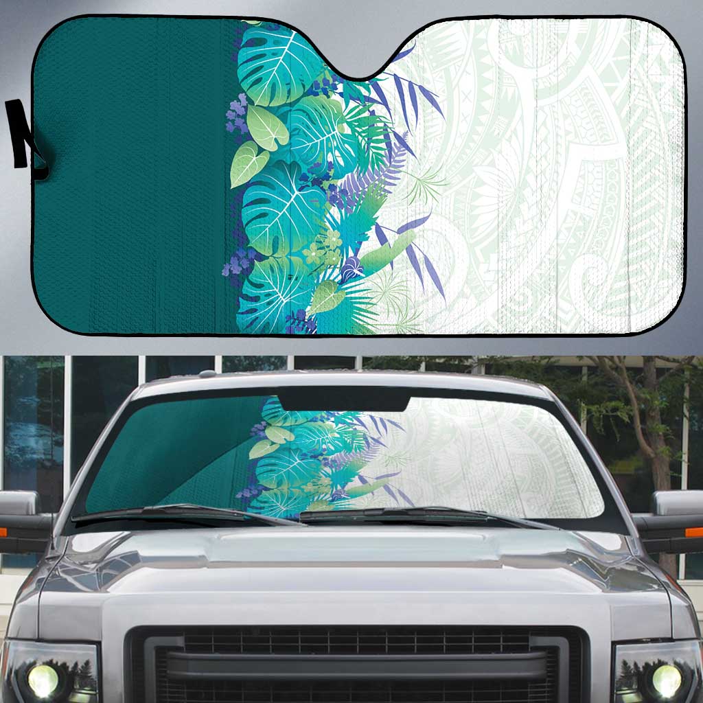 Hawaii Tropical Plant Teal Auto Sun Shade Vibrant Polynesian Pattern