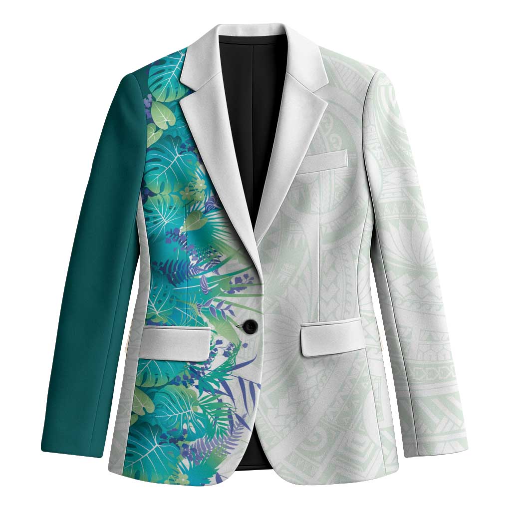 Hawaii Tropical Plant Teal Blazer Vibrant Polynesian Pattern