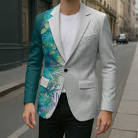Hawaii Tropical Plant Teal Blazer Vibrant Polynesian Pattern