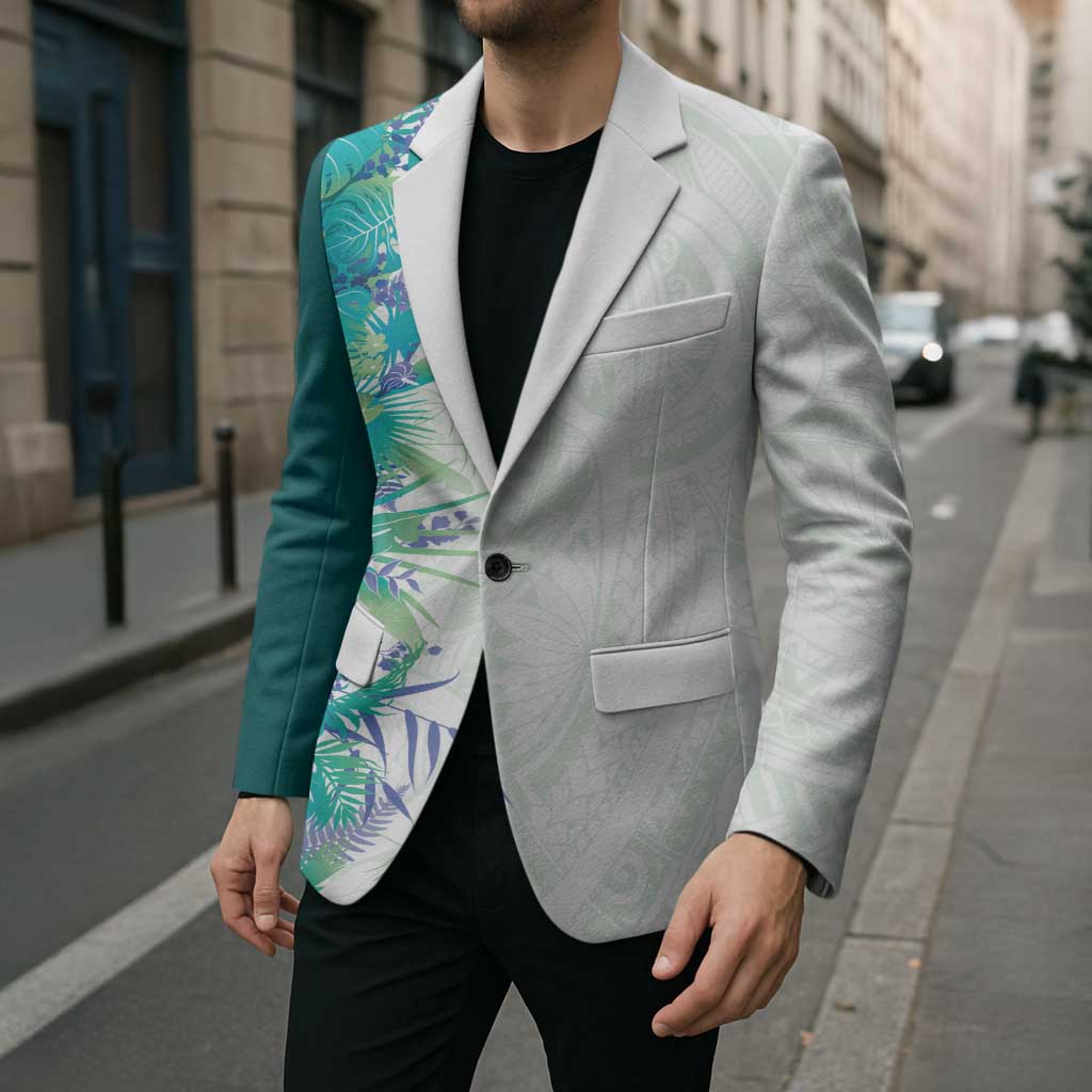 Hawaii Tropical Plant Teal Blazer Vibrant Polynesian Pattern