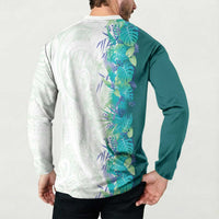 Hawaii Tropical Plant Teal Button Sweatshirt Vibrant Polynesian Pattern