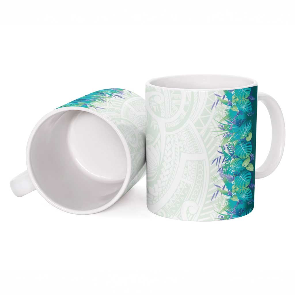 Hawaii Tropical Plant Teal Ceramic Mug Vibrant Polynesian Pattern