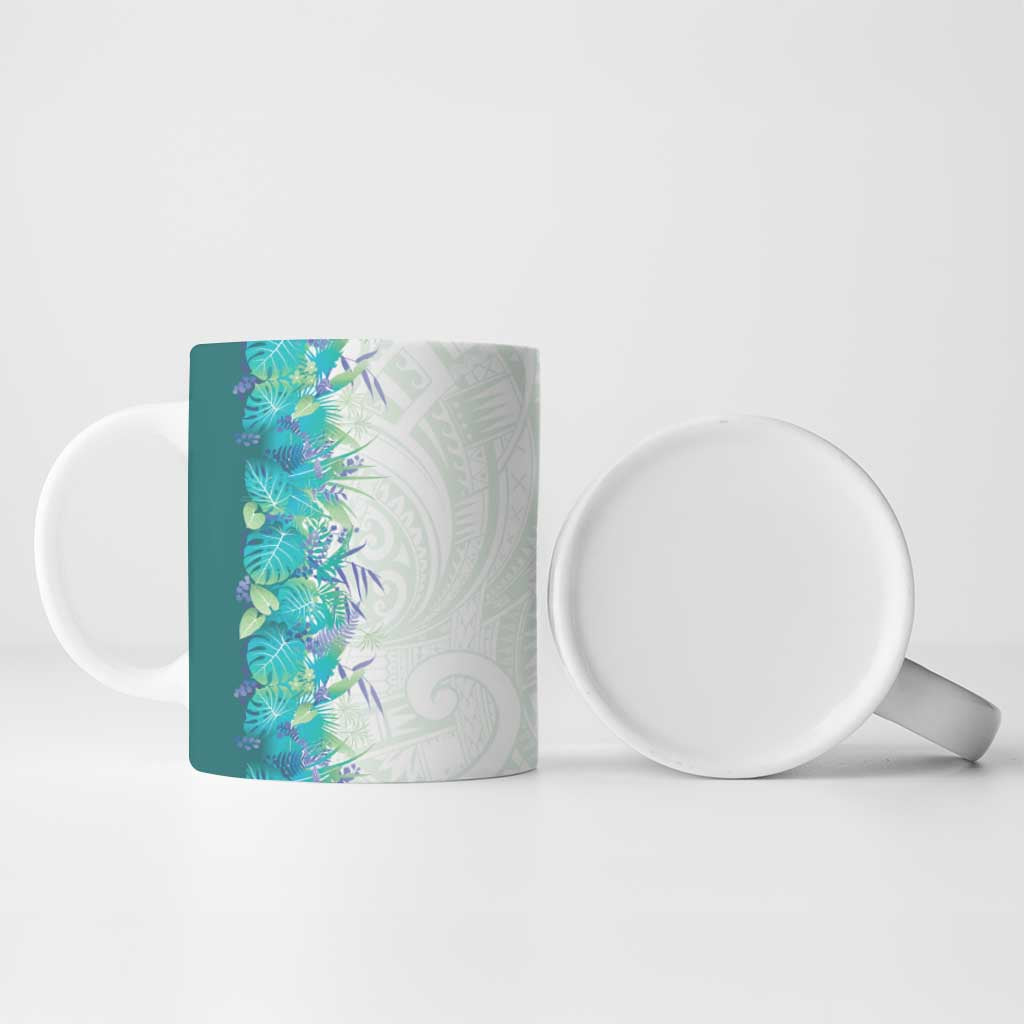 Hawaii Tropical Plant Teal Ceramic Mug Vibrant Polynesian Pattern