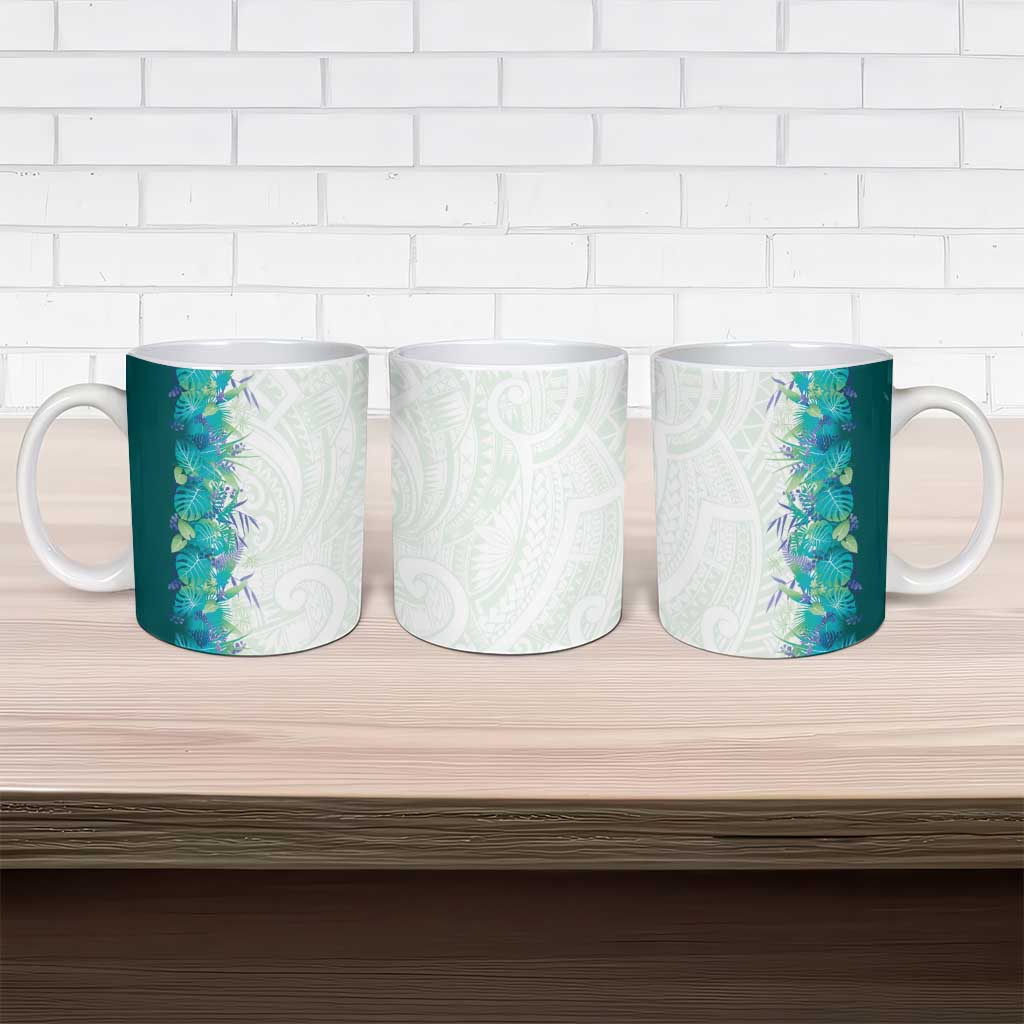 Hawaii Tropical Plant Teal Ceramic Mug Vibrant Polynesian Pattern
