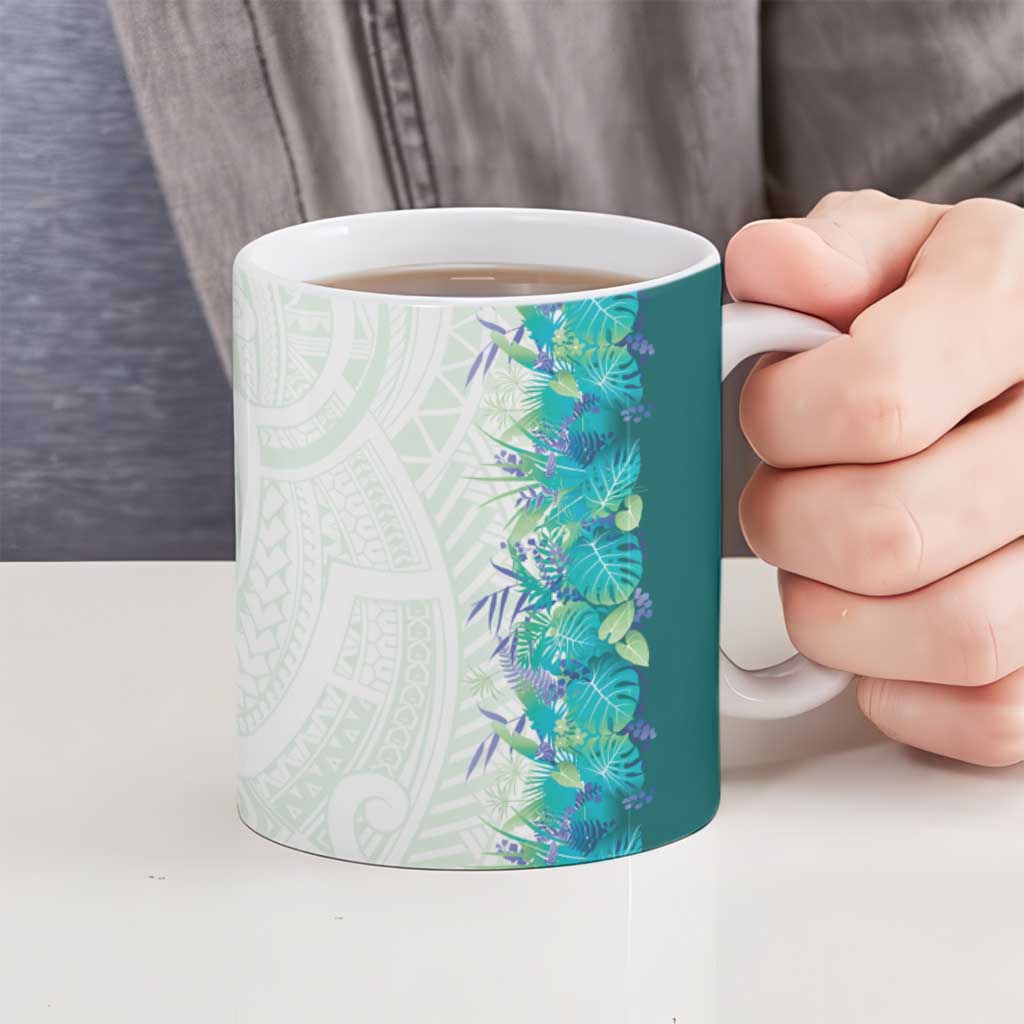 Hawaii Tropical Plant Teal Ceramic Mug Vibrant Polynesian Pattern