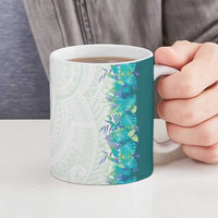 Hawaii Tropical Plant Teal Ceramic Mug Vibrant Polynesian Pattern