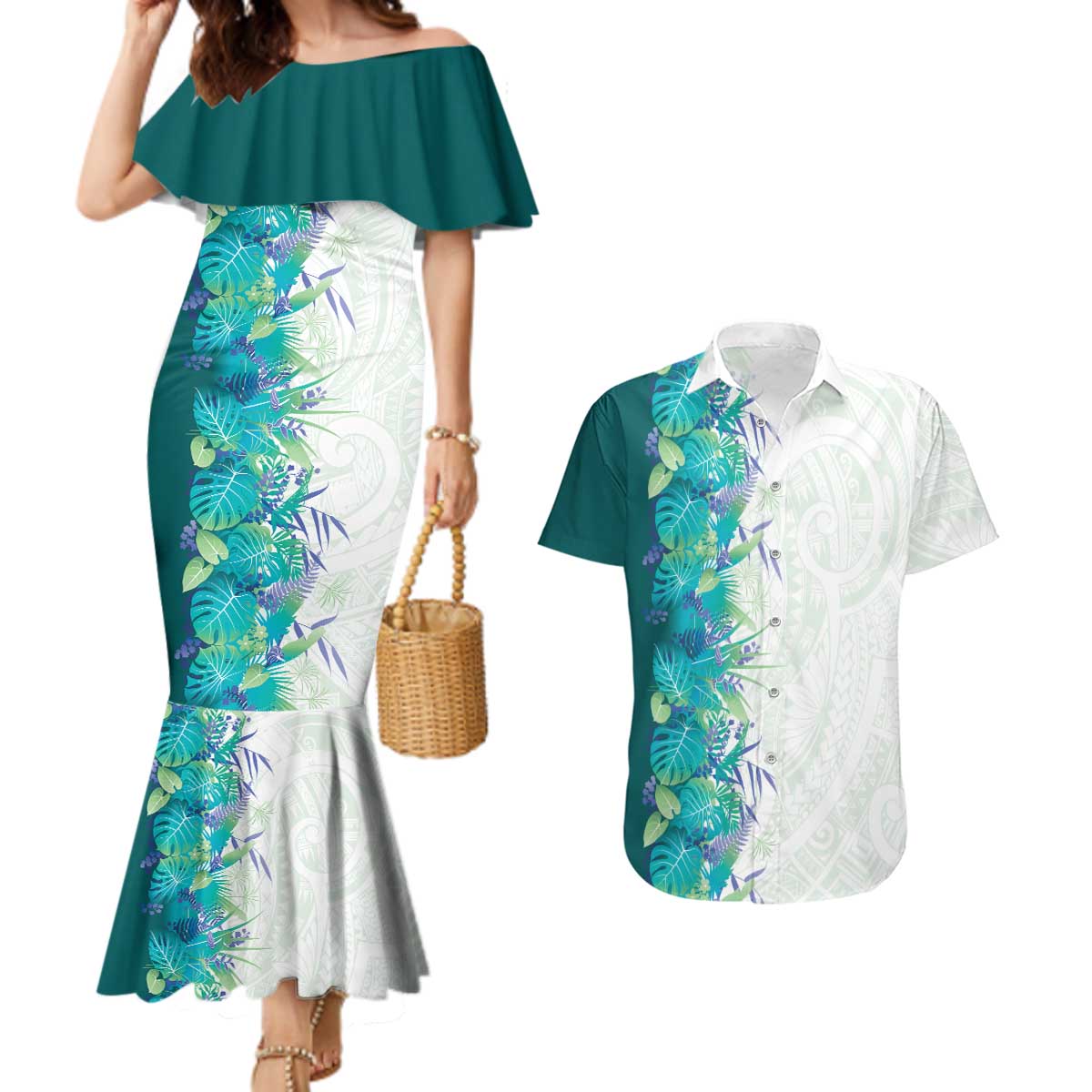Hawaii Tropical Plant Teal Couples Matching Mermaid Dress and Hawaiian Shirt Vibrant Polynesian Pattern