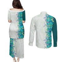 Hawaii Tropical Plant Teal Couples Matching Puletasi and Long Sleeve Button Shirt Vibrant Polynesian Pattern LT01 - Polynesian Pride
