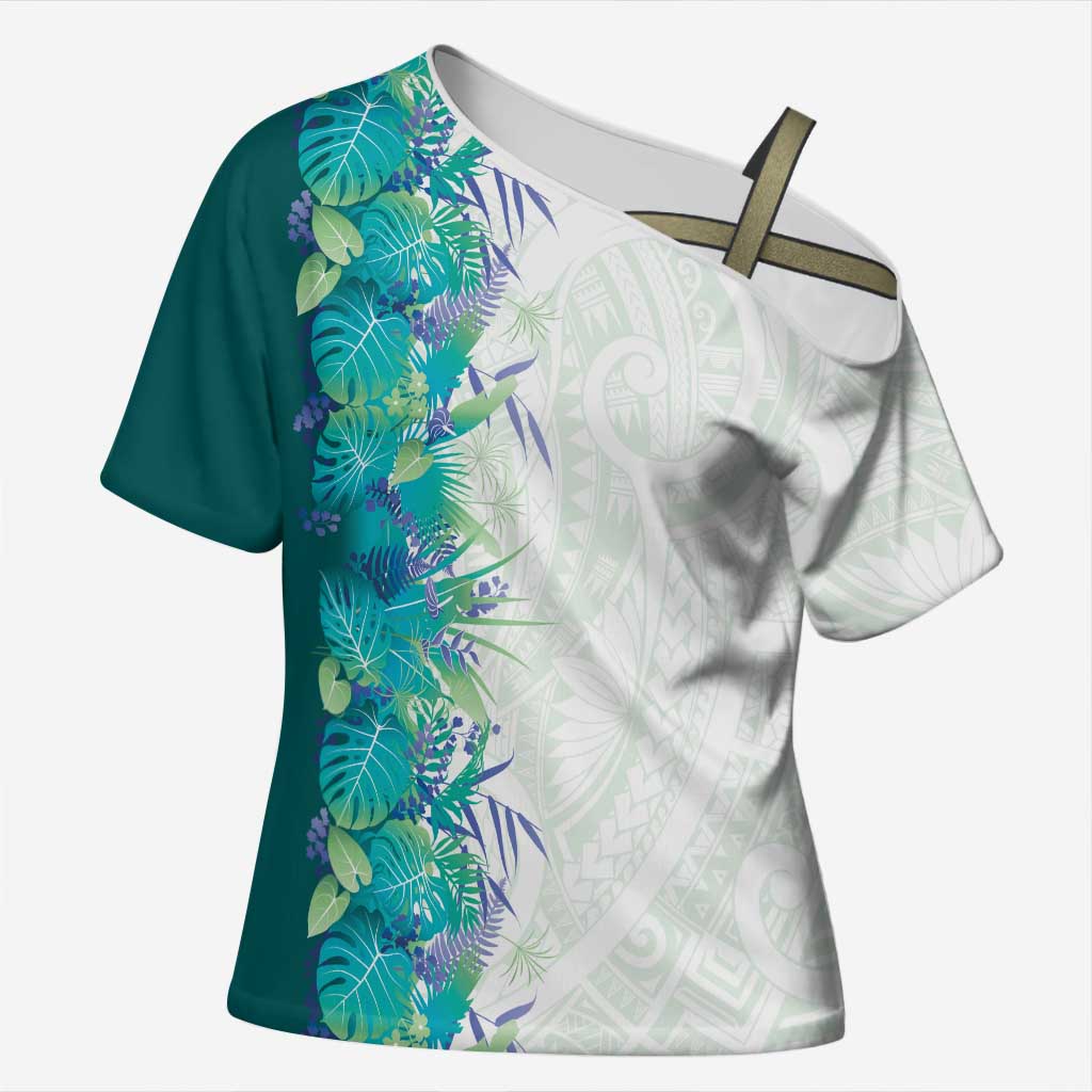 Hawaii Tropical Plant Teal Cross Shoulder Shirt Vibrant Polynesian Pattern