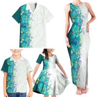Hawaii Tropical Plant Teal Family Matching Tank Maxi Dress and Hawaiian Shirt Vibrant Polynesian Pattern