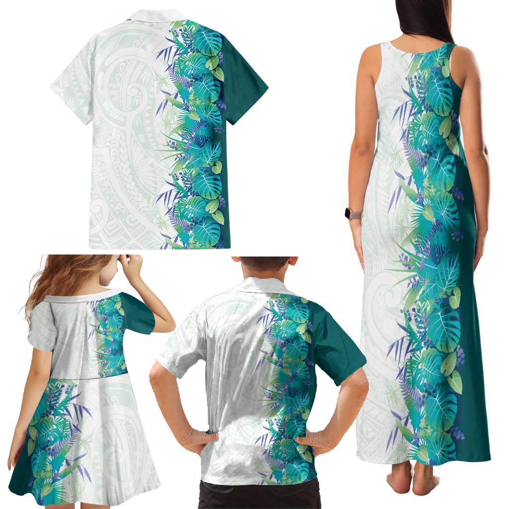 Hawaii Tropical Plant Teal Family Matching Tank Maxi Dress and Hawaiian Shirt Vibrant Polynesian Pattern