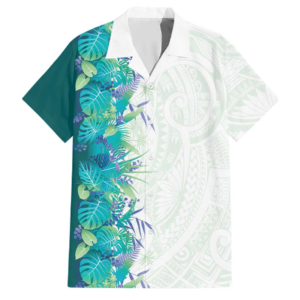 Hawaii Tropical Plant Teal Family Matching Tank Maxi Dress and Hawaiian Shirt Vibrant Polynesian Pattern