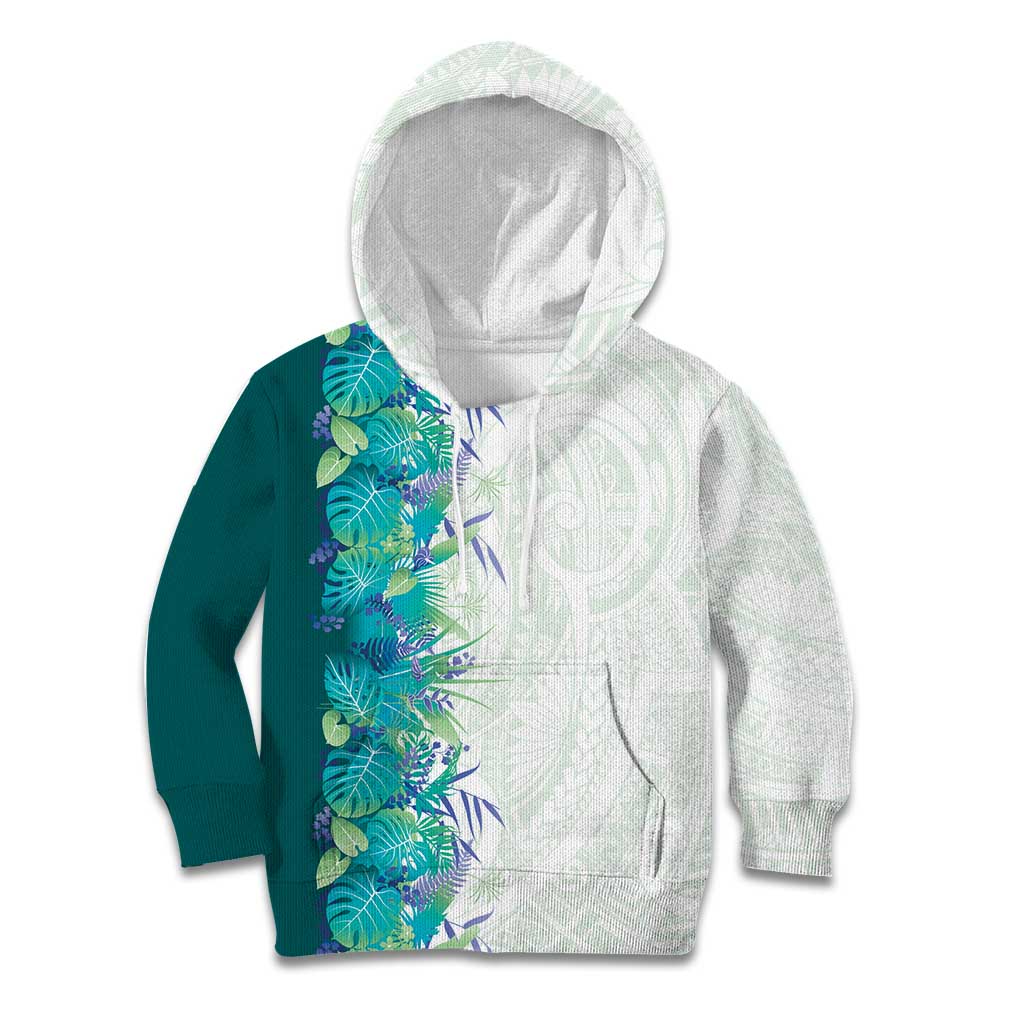 Hawaii Tropical Plant Teal Kid Hoodie Vibrant Polynesian Pattern