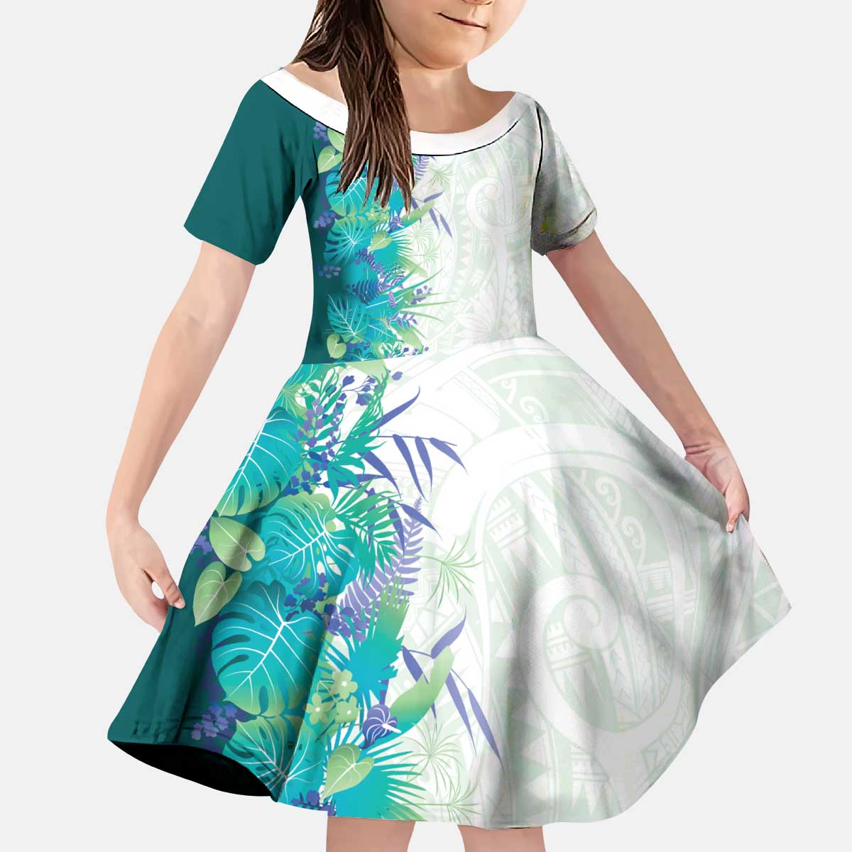 Hawaii Tropical Plant Teal Kid Short Sleeve Dress Vibrant Polynesian Pattern