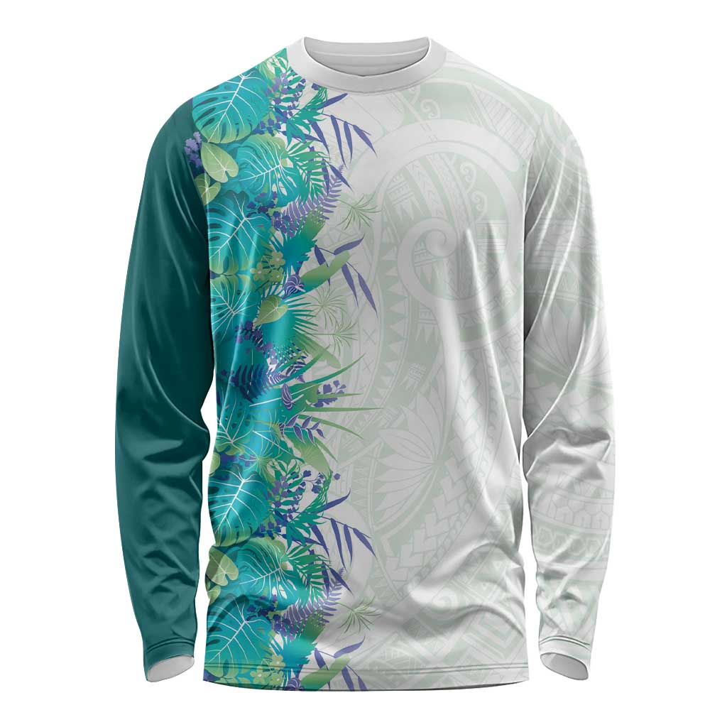 Hawaii Tropical Plant Teal Long Sleeve Shirt Vibrant Polynesian Pattern