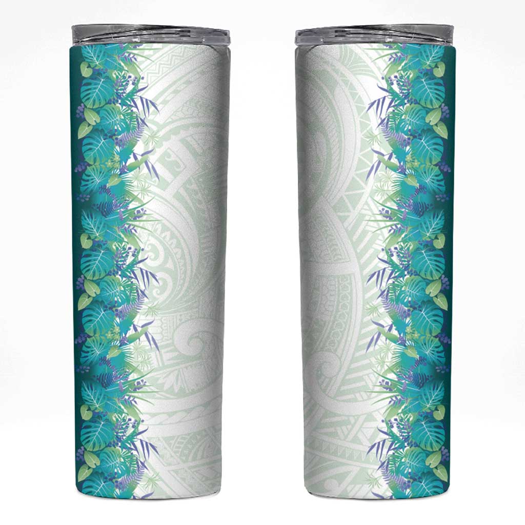 Hawaii Tropical Plant Teal Skinny Tumbler Vibrant Polynesian Pattern