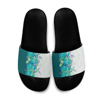 Hawaii Tropical Plant Teal Slide Sandals Vibrant Polynesian Pattern