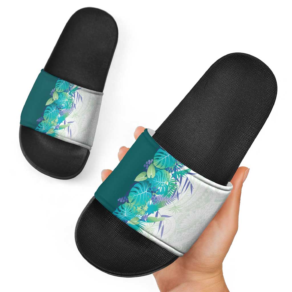 Hawaii Tropical Plant Teal Slide Sandals Vibrant Polynesian Pattern