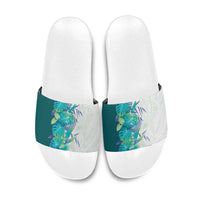 Hawaii Tropical Plant Teal Slide Sandals Vibrant Polynesian Pattern