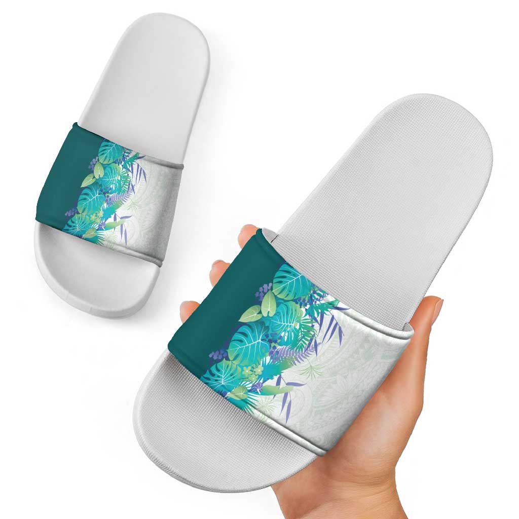 Hawaii Tropical Plant Teal Slide Sandals Vibrant Polynesian Pattern