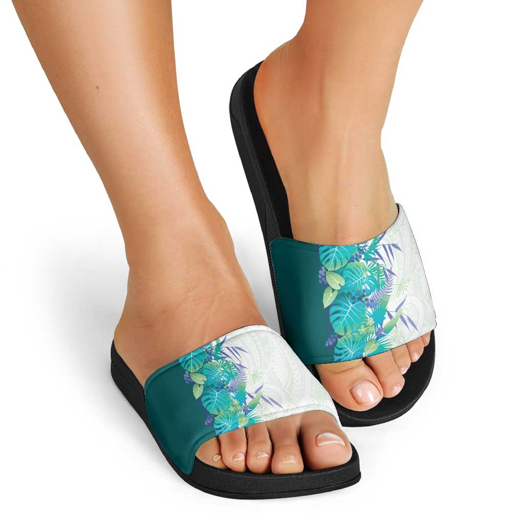 Hawaii Tropical Plant Teal Slide Sandals Vibrant Polynesian Pattern