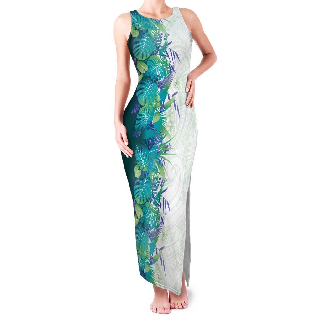 Hawaii Tropical Plant Teal Tank Maxi Dress Vibrant Polynesian Pattern