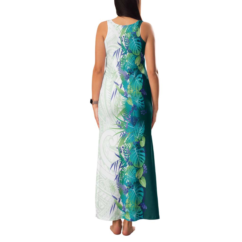 Hawaii Tropical Plant Teal Tank Maxi Dress Vibrant Polynesian Pattern