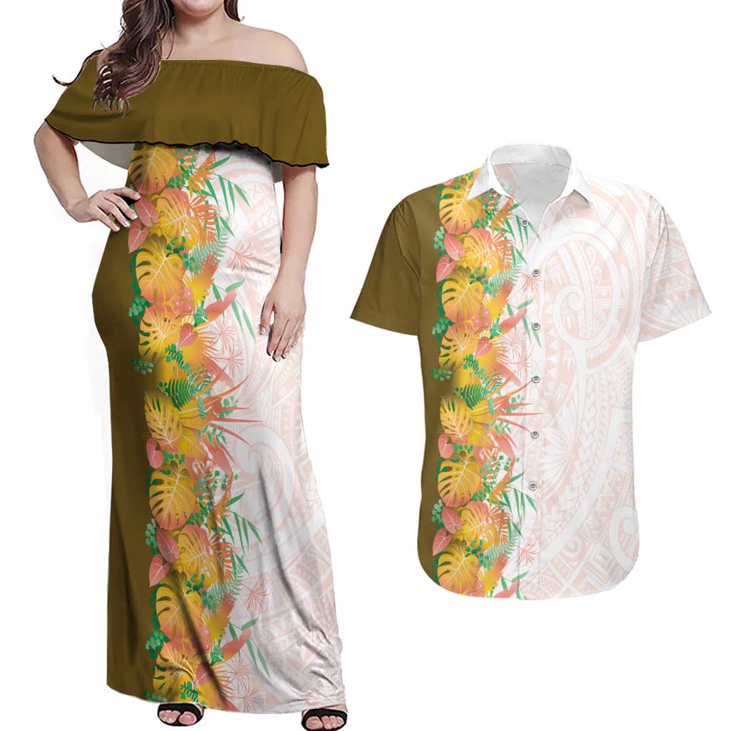 Hawaii Tropical Plant Lenalena Couples Matching Off Shoulder Maxi Dress and Hawaiian Shirt Vibrant Polynesian Pattern