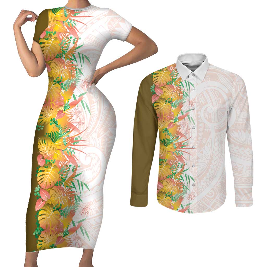 Hawaii Tropical Plant Lenalena Couples Matching Short Sleeve Bodycon Dress and Long Sleeve Button Shirt Vibrant Polynesian Pattern