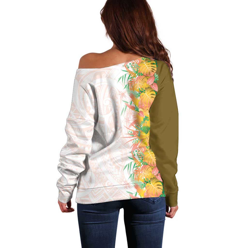 Hawaii Tropical Plant Lenalena Off Shoulder Sweater Vibrant Polynesian Pattern LT01 - Polynesian Pride