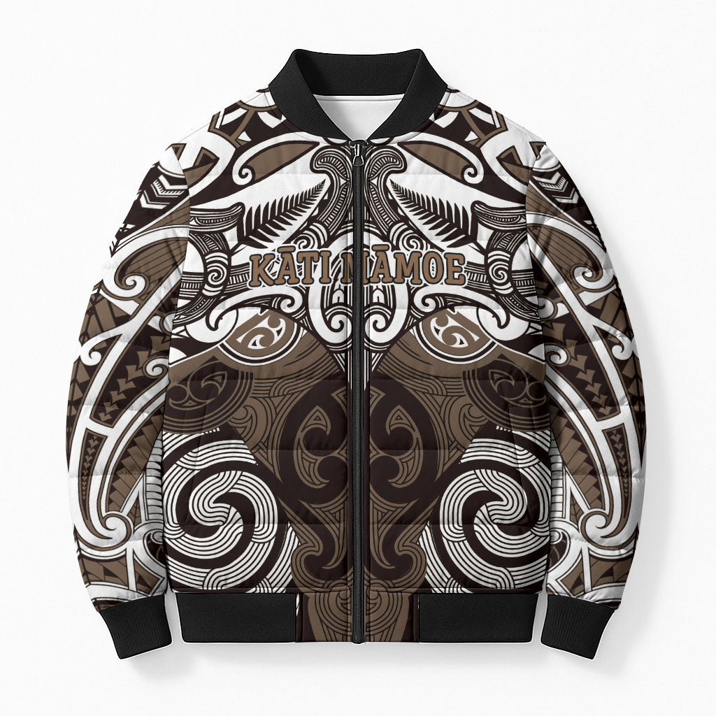 Personalised Maori Kati Mamoe Bomber Puffer Jacket Silver Fern Kowhaiwhai Art LT01 Unisex Brown - Polynesian Pride