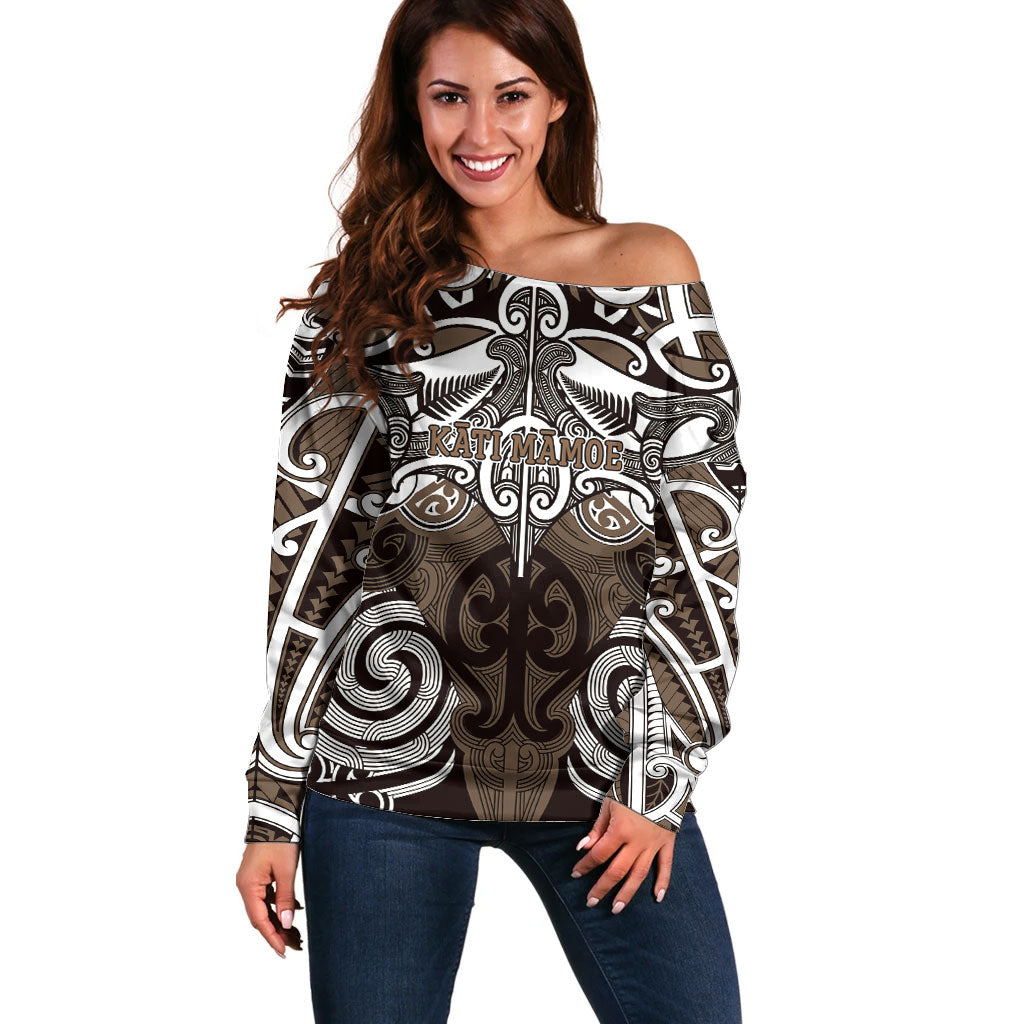 Personalised Maori Kati Mamoe Off Shoulder Sweater Silver Fern Kowhaiwhai Art LT01 Women Brown - Polynesian Pride