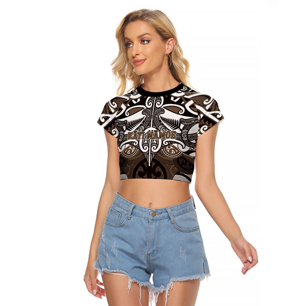 Personalised Maori Kati Mamoe Raglan Cropped T Shirt Silver Fern Kowhaiwhai Art LT01 Female Brown - Polynesian Pride