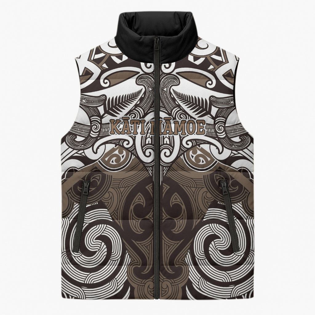 Personalised Maori Kati Mamoe Sleeveless Puffer Jacket Silver Fern Kowhaiwhai Art LT01 Unisex Brown - Polynesian Pride