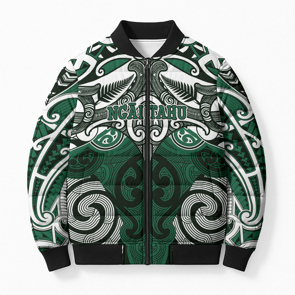 Personalised Maori Ngai Tahu Bomber Puffer Jacket Silver Fern Kowhaiwhai Art LT01 Unisex Green - Polynesian Pride