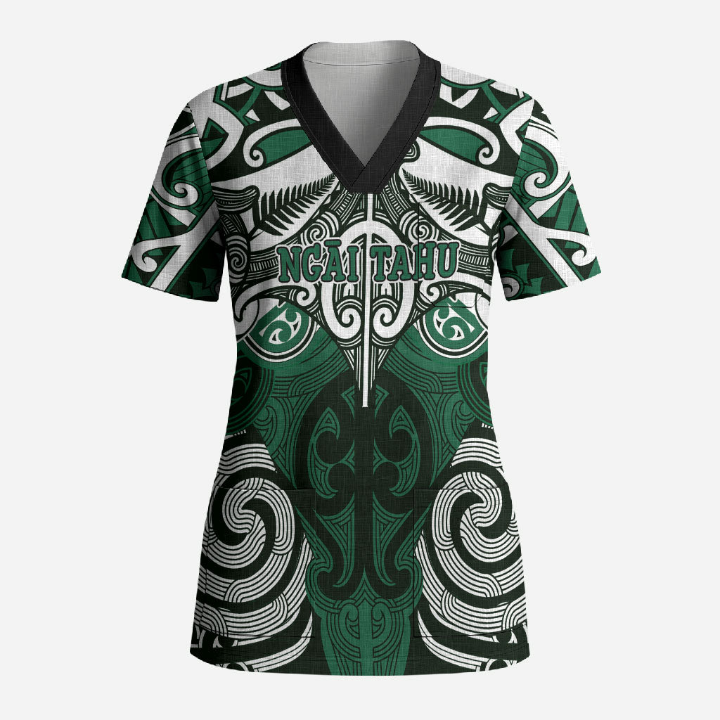 Personalised Maori Ngai Tahu Scrub Top Silver Fern Kowhaiwhai Art LT01 Adult Green - Polynesian Pride