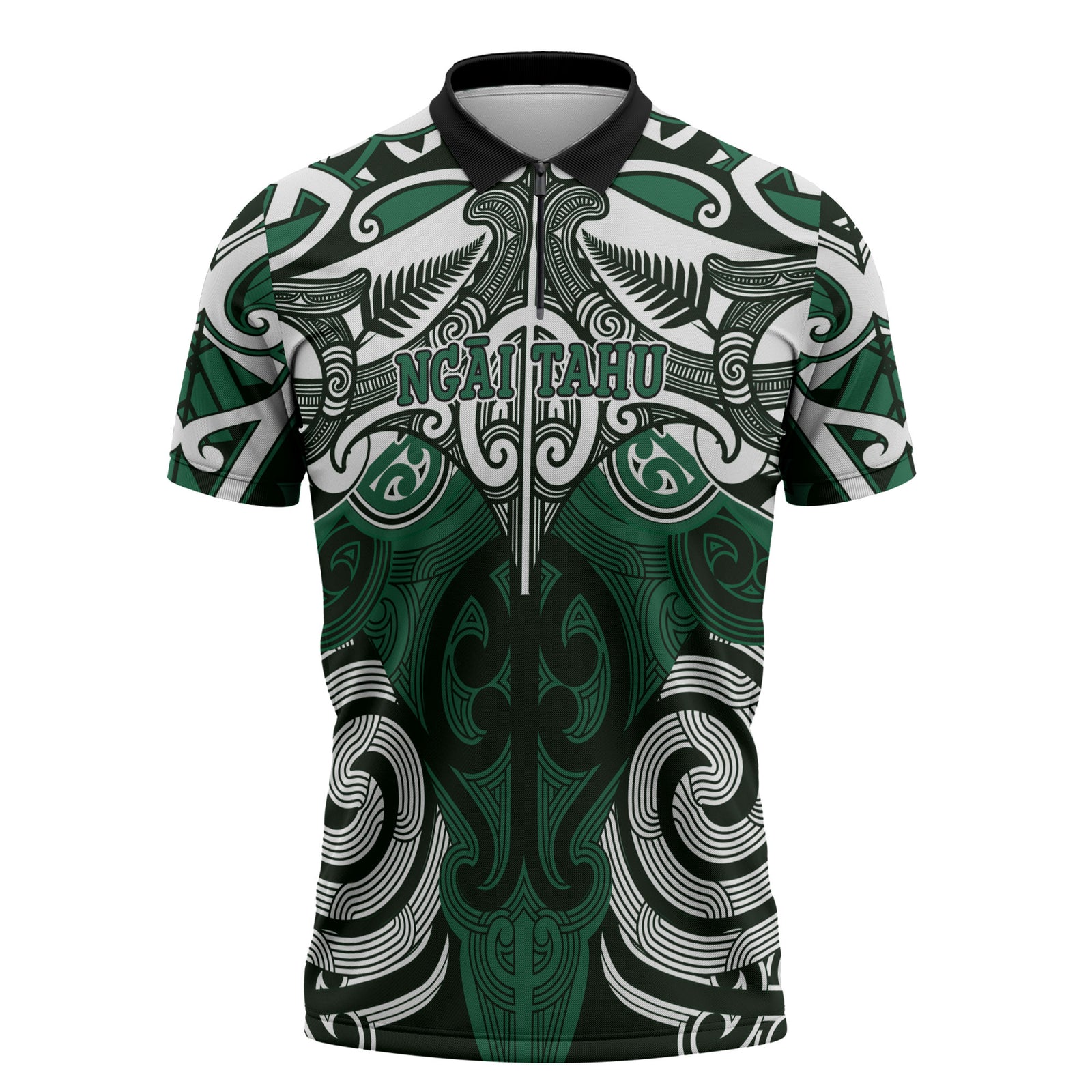 Personalised Maori Ngai Tahu Zipper Polo Shirt Silver Fern Kowhaiwhai Art LT01 Green - Polynesian Pride