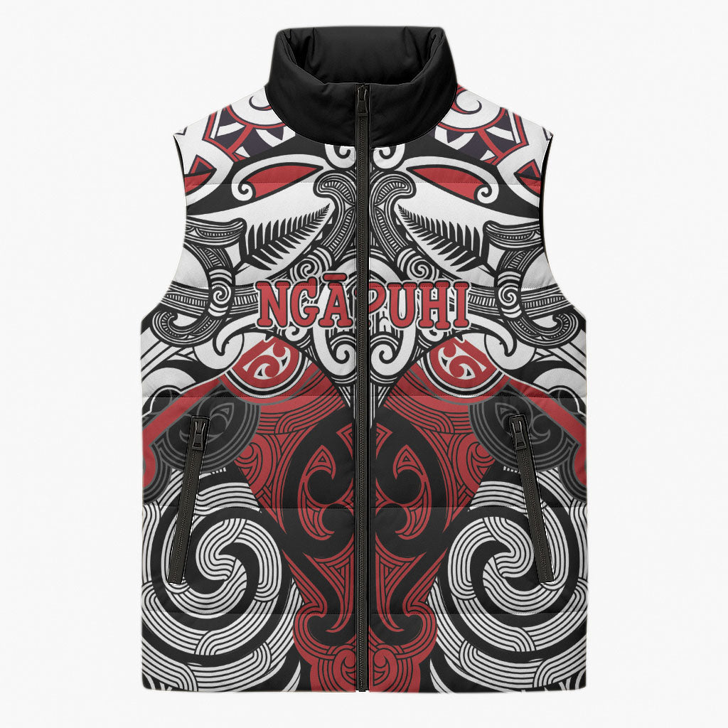 Personalised Maori Ngapuhi Sleeveless Puffer Jacket Silver Fern Kowhaiwhai Art LT01 Unisex Red - Polynesian Pride