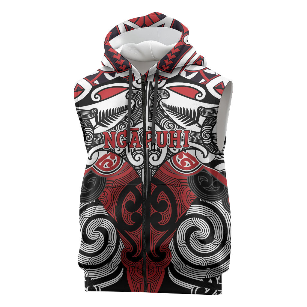 Personalised Maori Ngapuhi Sleeveless Zip Hoodie Silver Fern Kowhaiwhai Art LT01 Red - Polynesian Pride