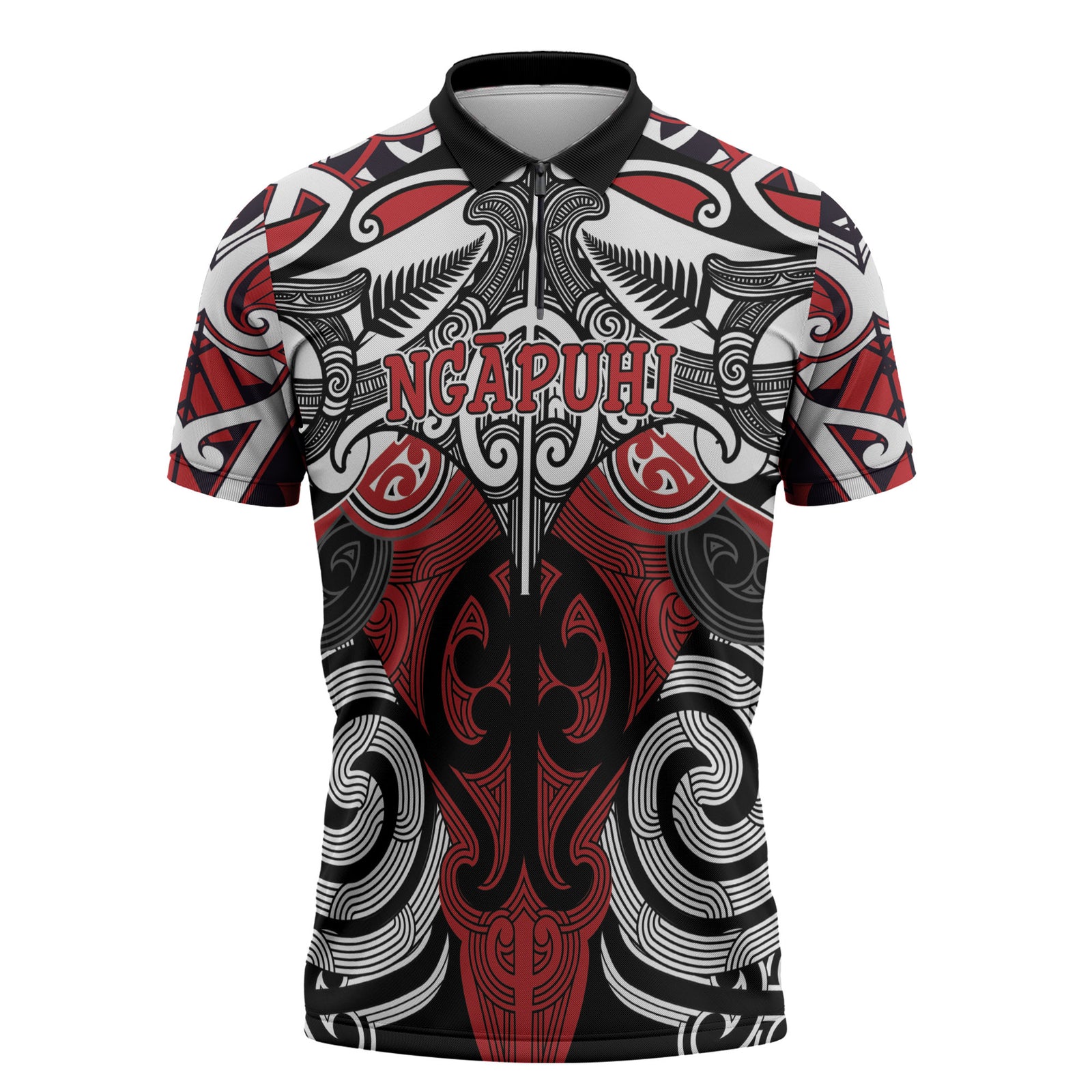 Personalised Maori Ngapuhi Zipper Polo Shirt Silver Fern Kowhaiwhai Art LT01 Red - Polynesian Pride