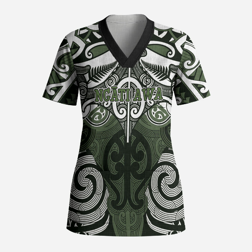 Personalised Maori Ngati Awa Scrub Top Silver Fern Kowhaiwhai Art LT01 Adult Green - Polynesian Pride