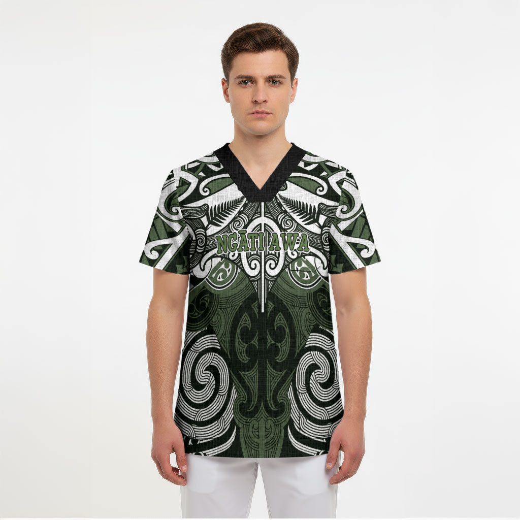 Personalised Maori Ngati Awa Scrub Top Silver Fern Kowhaiwhai Art LT01 - Polynesian Pride