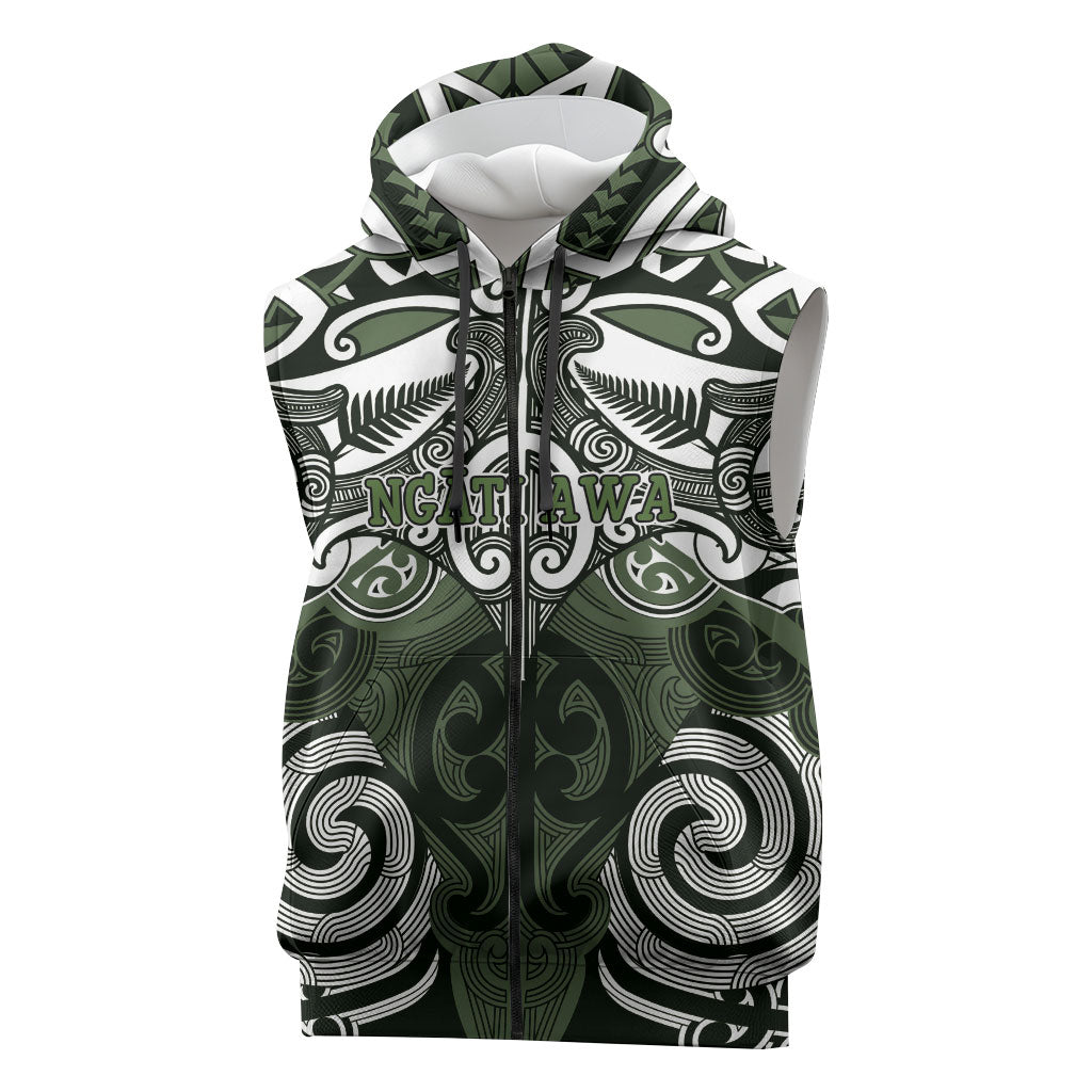 Personalised Maori Ngati Awa Sleeveless Zip Hoodie Silver Fern Kowhaiwhai Art LT01 Green - Polynesian Pride