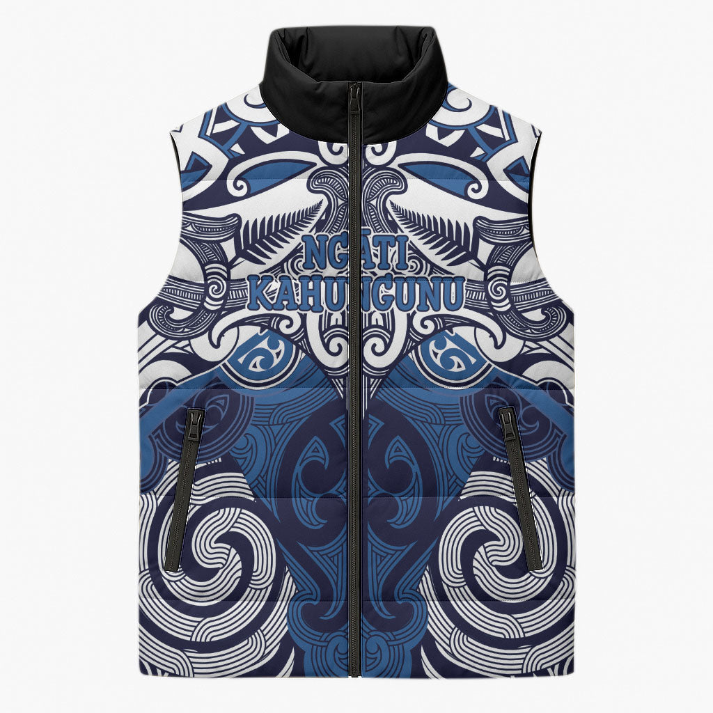 Personalised Maori Ngati Kahungunu Sleeveless Puffer Jacket Silver Fern Kowhaiwhai Art LT01 Unisex Blue - Polynesian Pride