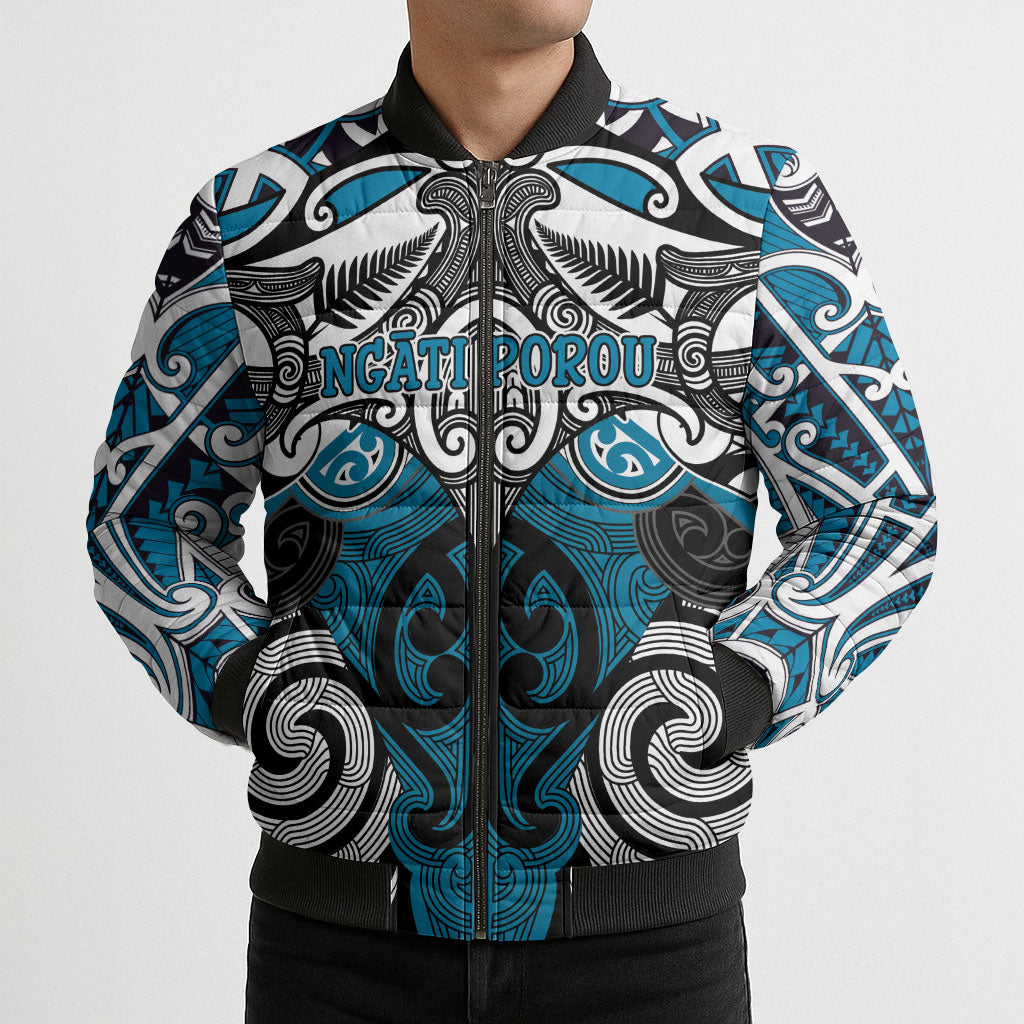Personalised Maori Ngati Porou Bomber Puffer Jacket Silver Fern Kowhaiwhai Art LT01 - Polynesian Pride
